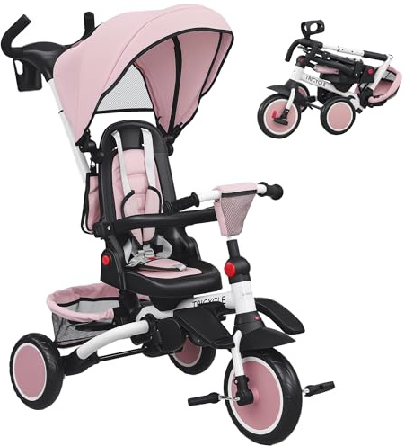 AIYAPLAY Tricycle bébé évolutif 6 en 1, Tricycle Enfant Pliable avec poignée parentale réglable et Capote Amovible, siège pivotant 360°, Poussette bébé avec Harnais de sécurité, Panier et Sac, Rose