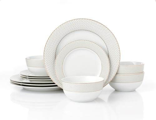 Waterside 12pc Diamond Decor with Gold Band Porcelain Dinnerware Set; 4 Dinner Plates, Side Plates and Deep Bowls