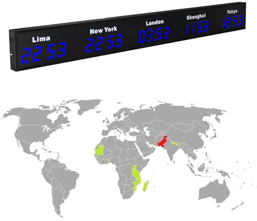 Digital LED-världsklocka för 3/4/5 städer, väggmonterad världsklocka med tidszon och anpassningsbara 12/24 timmar, flera tidszoner, för hemmet, kontoret och internationellt bruk(Blue,5City)