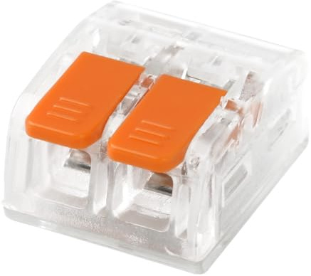 CILIA Anslutningsklämmor 2-polig med spak – 100 stycken kompakta burkklämmor för alla typer av ledare (0,2–4 mm²) – återanvändbara elektriska kabelkontakter, transparent/orange