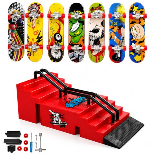 Lot complet de 8 pièces avec parcours de skateboard, skateboard, rampe pour fingerboard et skateboard, idéal pour l'entraînement en intérieur et les exercices de coordination, contient 1 terrain