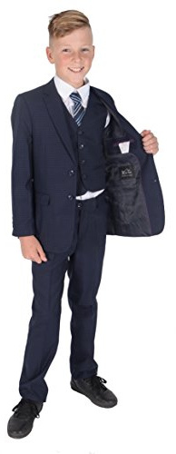 Cinda 5 Piece Navy Blue Checked Boy Suits Boys Wedding Suit Page Boy Suit (14-15 Years)