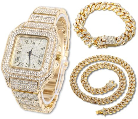 HALUKAKAH Diamanti Orologio Oro, Uomo Placcato Oro Reale 18K 40MM Largo Quadrato Componi Quarzo Cinturino 24cm con Link Cubano Catena 20+45cm Collana Bracciale Set, con Scatola Regalo
