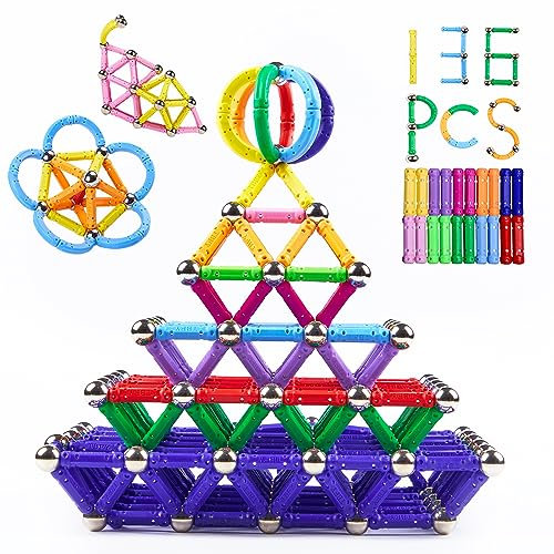 Jokooan Magnetisch Bausteine, 136 Stücke Magnetische Sticks Baustein Spielzeug, Kinder Intelligenz Lernspielzeug und Gehirn Training Set für Erwachsene und Kinder
