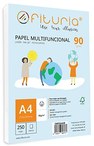Packung mit 250 weißen DIN A4 Blättern, 90g Druckerpapier. Multifunktionales Kopierpapier für Schule und Büro. Ideal für Laserdrucker, Tintenstrahldrucker oder Kopierer – Ofituria