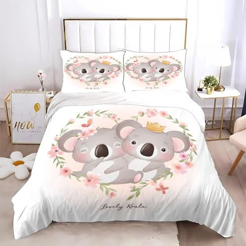 SMchwbc Koala Bettwäsche 135x200 KinderBettwäsche Koala Tiere Karikatur Bettbezug Set Für Mädchen Und Jungen 3D Durck Polyester Zootiere Bettwäsche-Set (135 x 200 cm,4)