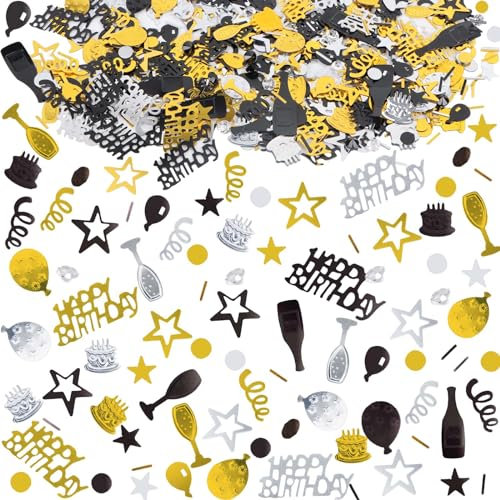 MplehDa Coriandoli da Tavolo, Happy Birthday, 1000 Pezzi, Oro e Nero, Decorazione da Tavolo, Coriandoli per Compleanni e Feste