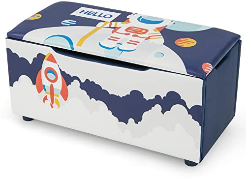GYMAX Cassapanca per Bambini 2 in 1, Carico 150 kg, con Coperchio Rimovibile, Panca Portaoggetti con Fessure Antipizzicamento, Cinghia di Trazione e Struttura Stabile 75x36x38 CM (Blu e Bianco)