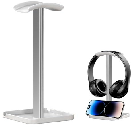 LPAMABA Soporte de Auriculares para Mesa Soporte Auriculares Blanco de Plastico y Aleación de Aluminio, Soporte Cascos Gaming con Bandeja de Almacenamiento para Todos Auriculares de Juego/Escritorio