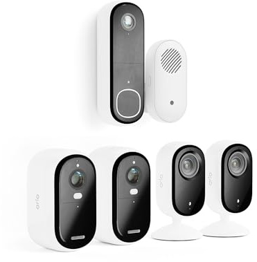 Arlo SafeHaus Komplett Sicherheitspaket (Innen- & Aussenkamera + Türklingel), Kabellos, Full HD, Nachtsicht, Licht, Bewegungsmelder, Sirene, 2-Wege Audio, Smart Home Integration Secure Testzeitraum