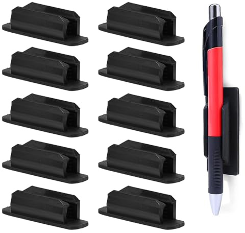 SagaSave Soporte autoadhesivo de silicona para bolígrafos, 10 clips para lápices con parte trasera adhesiva para rotulador, portapapeles, pizarra, accesorios de almacenamiento de oficina (negro)