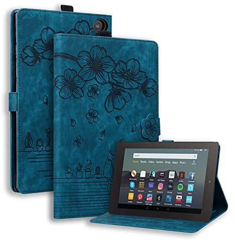 TEDTIKJT Tablet Cover per Amazon Fire HD 8 (10th/12th Gen 2020/2022/2024) 8 Pollici Custodia PU Pelle Libro con Supporto Funzione Protettiva Magnetica Tablet Cover,Gatto Sakura Blu