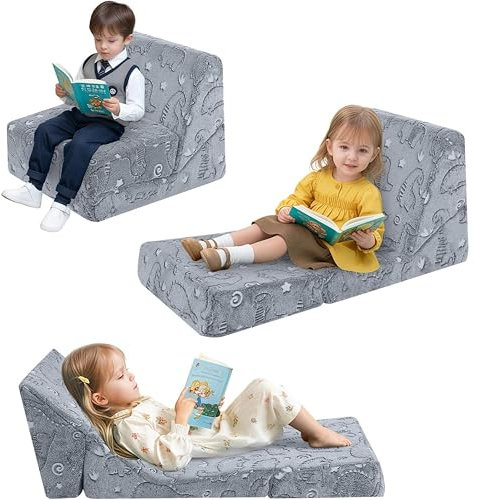 MeMoreCool Kindersofa Ausziehbares Schlafsessel, Sitzsack für Kinderzimmer, Lounge Stuhl Faltbarer Boden Lounger, 3-in-1 Klappstuhl für Kinder, Liegestuhl für Kleinkinder 1-3 Jahre, Grau Dinosaurier