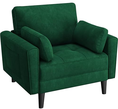 Yaheetech Divano Singolo da Salotto Divanetto Moderno con Cuscini Schienale Divano a 1 Posto in Tessuto Poltrona da Soggoirno con Braccioli 102,5 × 75 × 85,5 cm Verde/Velluto