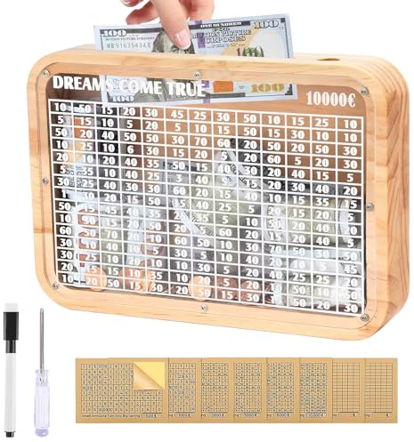 Spardose mit zähler,Sparbox mit Zahlen ankreuzen,Sparen Organizer Geld,Geld sparen challengel,Spardose 500,1000 2000,3000, 5000,10000Euro(8 Stück) (Natural Wood Color)