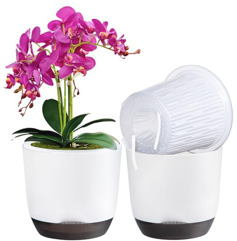QCQHDU Lot de 2 pots à orchidée avec trous pour rempotage double couche et auto-irrigation avec bonne circulation de l'air (blanc, 14,5 cm)