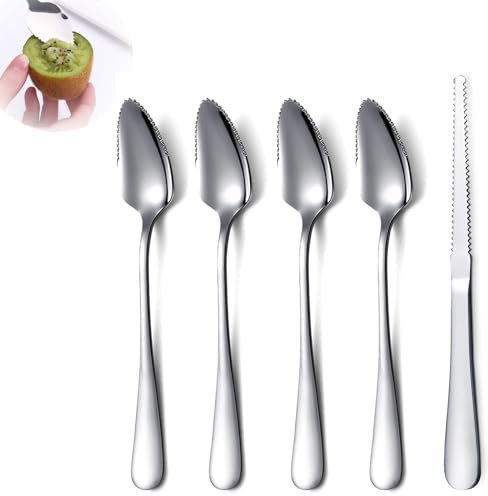 Set di 5 cucchiai di pompelmo, 4 cucchiai di pompelmo in acciaio inox e 1 coltello da pompelmo, cucchiaio kiwi, integratore per alimenti per bambini, cucchiaio da dessert, cucchiaio da frutta con