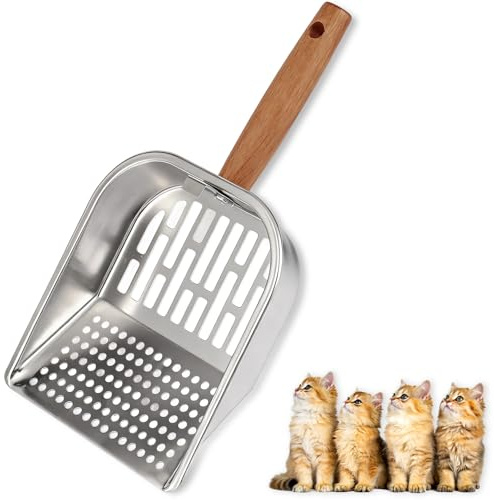 AFOLOREET Litter Scooper, Metal Litter Scoop, Pooper Scooper with Wooden Handle, Cat Litter Scoop, Metal Scooper & Speed Sifter Deep Shovel Scoop Filter for Litter Box (Easy Assembly)