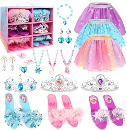 Beipegin Princess Dress Up for Girls Tutu Skirt Crown Tiaras Jewelry Princess Shoes Role Play Birthday Christmas Costume for Toddlers Age 3 4 5 6