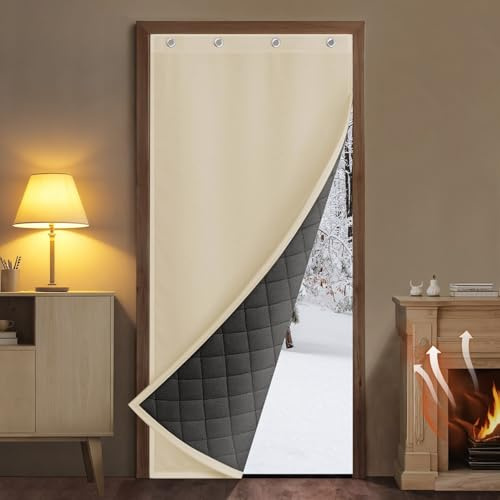 Cortina de protección contra el frío para puerta de casa con Forro Grueso para Puerta 82x204cm, Cortinas 100% Blackout de Dos Capas con Ojales,Beige Claro, Cortina térmica, Gruesa, Resistente al