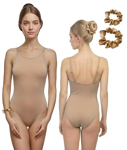 WUDEUI Gymnastics Leotards for Girls Women, Nude Seamless Camisole Leotard with Adjustable Strap and Clear Strap for Ballet Dance, Dancewear Undergarment Costume with hair band for Kids Adults