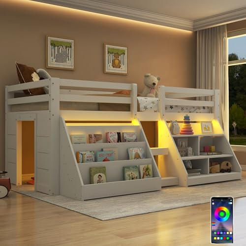 Sapgaks Lit mi Hauteur 90 x 200 cm,lit superposé Enfant Multiples rangements,lit Enfant avec Barriere lit Enfant avec Rangement,Garde-Corps, échelle,pin,Mezzanine escalier,sans Matelas,Blanc