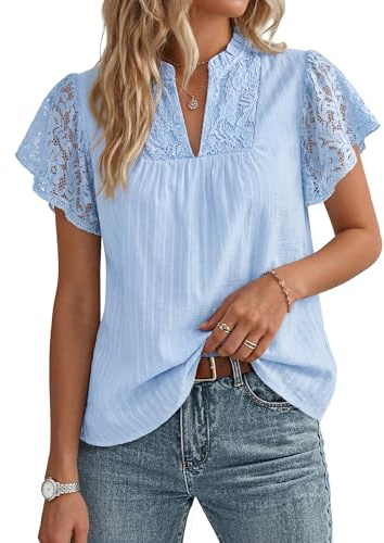 Women's Lace Cotton Elegant Top Henley V Neck Ruffled Sleeve Blouse Ladies Summer Casual Going Out Tops Light Blue XL