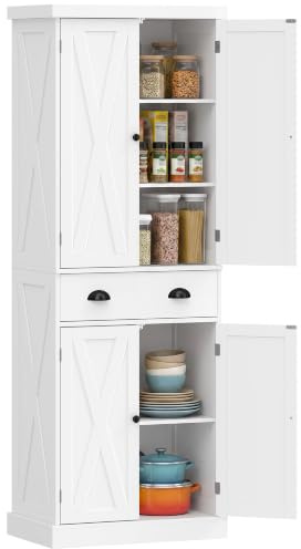 HOMCOM Buffet Haut Cuisine avec 4 Portes, Tiroir 62 x 38 x 173 cm Blanc | Armoire de Cuisine, Vaisselier, Étagères Réglables, Style Rustique, Meuble de Rangement pour Salon, Salle à Manger