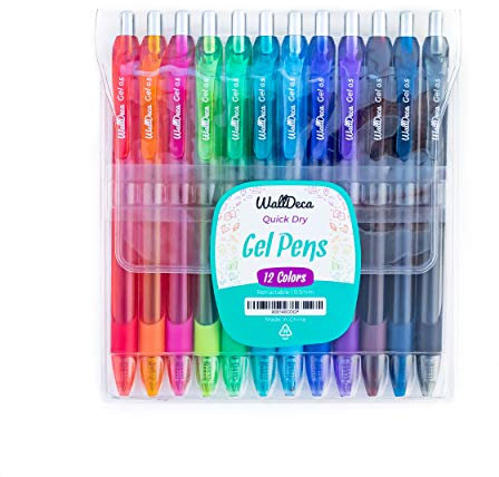 WallDeca Gelstifte Set, Regenbogenfarben 12 Gel Kugelschreiber Bunt, Gelschreiber mit Mittlerer Strichstärke 0,5 mm, Komfortabler Halt und Schnelltrocknend – Gel Pen Set mit Transporthülle