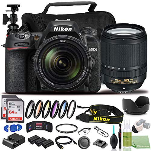 Nikon D7500 DSLR Camera - Bundle - with 18-140mm Lens (1582) + Color 6pcs Filter Set + 2X EN-EL15 Battery + 2X 64GB Cards + Case + Memory Card Wallet + 12 Inch Flexible Tripod + More