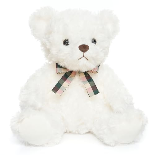 WEIGEDU Ours en Peluche Blanc Moelleux avec Attache en Treillis pour Enfants, bébés, Anniversaire, Coucher, 30,5 cm