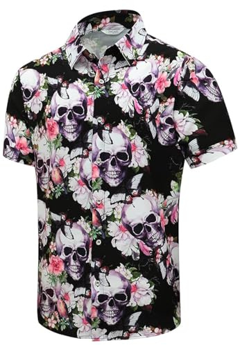 SheLucki Chemise hawaïenne pour Homme, Unisexe, pour l'été, la Plage, Les Loisirs, Les Chemises boutonnées, Les vêtements imprimés Palmshadow, Tête de Mort Rose., Taille L