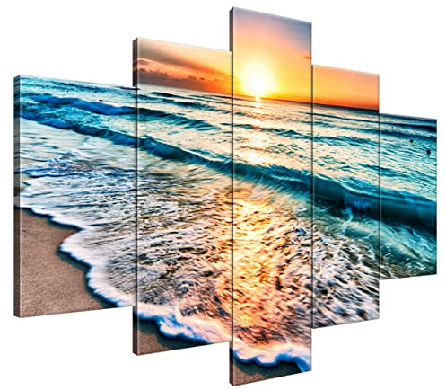 Estika Cuadros en lienzo - Mar, puesta del sol, playa - 150 x 105 cm, impresión artística de 5 piezas - murales para salón, dormitorio, decoración de pared moderna, imagen sobre lienzo - 3520A_5H