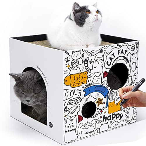 Cardboard Cat House with 2 Story Scratch Pads Pet Play House for Indoor Corrugated Scratcher Box Cat Scratching Toy Hideout for Bunny Small Animals.（White)