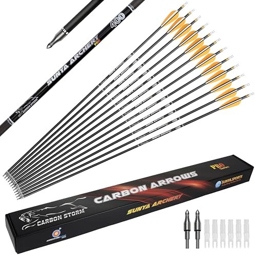 Sunya Flèches de Chasse pour Arc à poulies et Arc recurve. Tige en Carbone de 30 Pouces, Spine 400/500 avec Pointes Amovibles. Lot de 12 (Blanc Doré, Spine 400-30Inch)