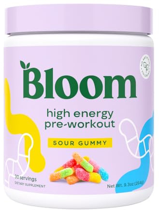 Bloom Nutrition High Energy Pre Workout Powder, Amino Energy with Beta Alanine, Ginseng & L Tyrosine, Natural Caffeine Powder from Green Tea Extract, Sugar Free & Keto Drink Mix (Sour Gummy)