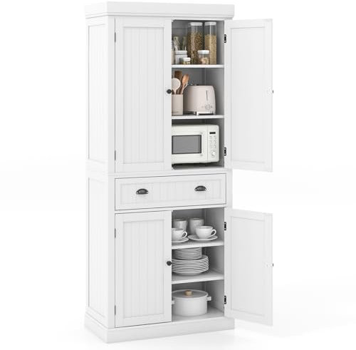 KOMFOTTEU Buffetschrank Hochschrank mit Doppeltür, Aufbewahrungsschrank Küchenschrank Holz 183cm, Türenschrank Vorratsschrank mit verstellbaren Einlegeböden & Schublade (Weiß)