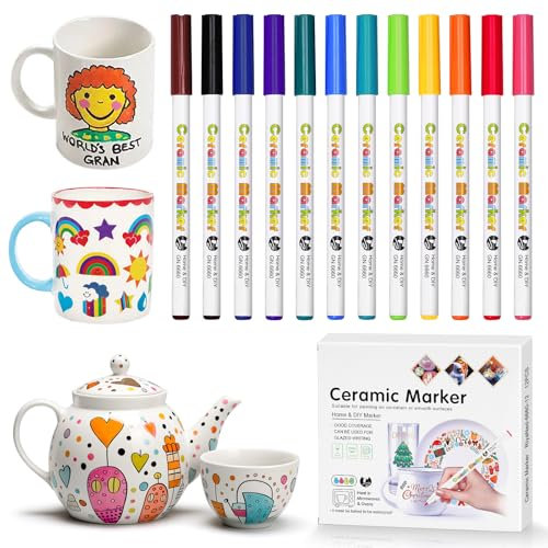 Kisvic Porzellanstifte Spülmaschinenfest, 12 Farben Glasmalstifte Spülmaschinenfest, Wasserfester Acrylmarker Keramik Bemalen SetFür Porzellan und Glas