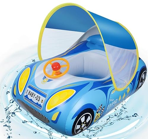 Flotador Bebe con Sombrilla Coche Ninonly Piscina con Sombrilla Bebe para Niños de Protección Solar UPF50+ Extraíble Flotador Inflable para Bebe Ideal para Niños de 12 a 36 Meses