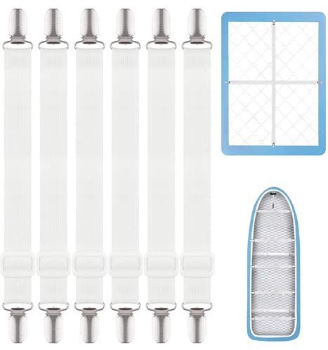 Hopton 6 Stück Bettlakenklammern Verstellbar, 17-50 cm Elastische Tischdeckenklammern, Bettlakenspanner mit Metallclips für Spannbettlaken, Babybett, Sofa, Autositz, Faltenfreie Bügeltischspanner