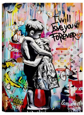 canvashop Quadri Banksy Love you forever 70x50 cm Bambini Abbraccio street art graffiti Stampe da parete Su Tela canvas