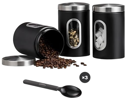 MEETOZ 3 PCS Kitchen Storage Canisters, Stainless Steel Containers With Lids And Spoons, Storage Jars With Window for Tea, Coffee Sugar, Nuts, Cereal(Black)