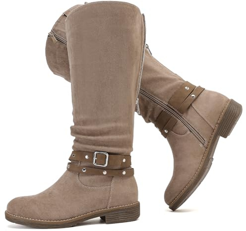 Luoika Women's Extra Wide Calf Knee High Boots, Chunky Low Heel Plus Size Boots Motocycle Ridding Boots.241030 Beige 9XW