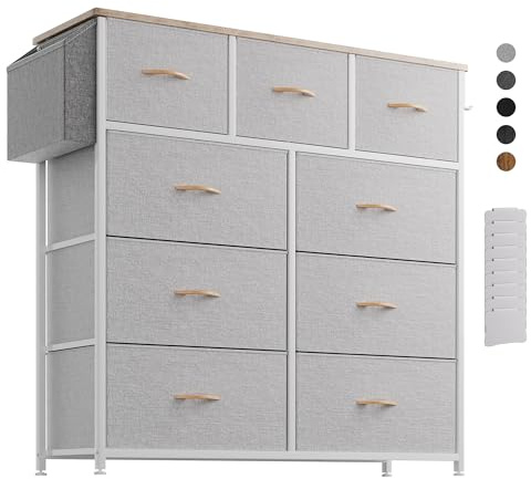 PURFINO Cassettiera in Tessuto - Cassettiere Stoffa con 9 Grandi Cassetti, Etichette, Tasca Laterale e Gancio per Soggiorno, Corridoio, Camera da Letto