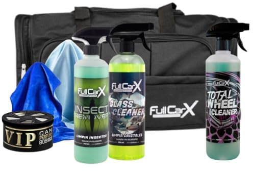 AutoFullCar – Kit Limpieza Coche Verano 2025 FullCarX | Limpia Cristales, Insectos, Llantas + Bayetas, Ambientador y Bolsa Detailing | Cuidado Interior y Exterior Vehículo