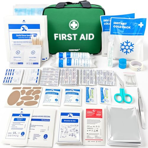 HONYAO First Aid Kit 180 Pcs, Premium Medical Kit for Home Car Workplace Travel Camping Sports Kids, Includes Eyewash, 2 x Instant Cold Packs, 2 x Burn Gel, Emergency Blanket, Plasters, Green