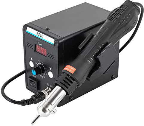 Qussse Stazione di saldatura ad aria calda 858D per saldatura SMD, stazione dissaldante 700 W con pistola ad aria calda, 3 ugelli ad aria calda, temperatura regolabile e volume d'aria, controllo della