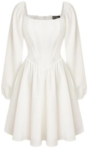 SCARLET DARKNESS - Abito da donna vittoriano con corsetto, maniche lunghe, mini abito ad altalena, bianco, 50