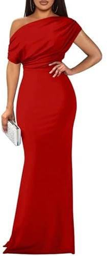 TANMESSO Vestido largo ajustado con hombros descubiertos para mujer, elegante, sin mangas, formal, para fiesta de noche, vestido largo con abertura, rosso, XL