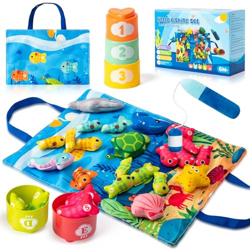 GROBRO7 Montessori Game Mat for 1 2 3 Year Old, 28Pcs 2-in-1 Fishing Game Toy with Stacking Cups & Storage Mat, Educational Colour Sorting & Number Learning for Toddler, Baby Boy Girl Birthday Present